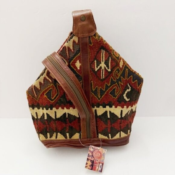 Yun Art Vintage Kilim Wool Carpet Sling Backpack Leather Trim Tribal Boho - Picture 3 of 11